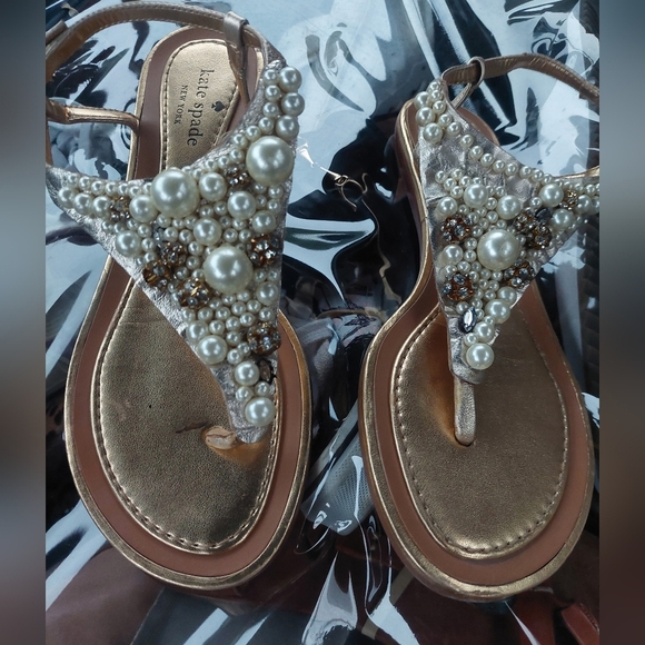 Kate Spade Gold Sandals with Pearl and Gem Embellishments Sz 7.5 Women - Picture 1 of 8